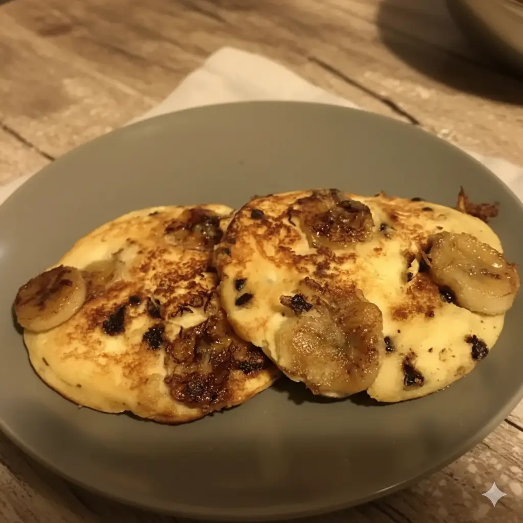 Stack of coconut protein pancakes topped with caramelized banana slices and coconut flakes.