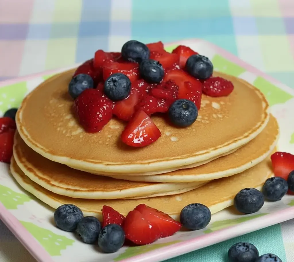 Stack of gluten-free protein pancakes topped with fresh berries and a dusting of powdered sugar.