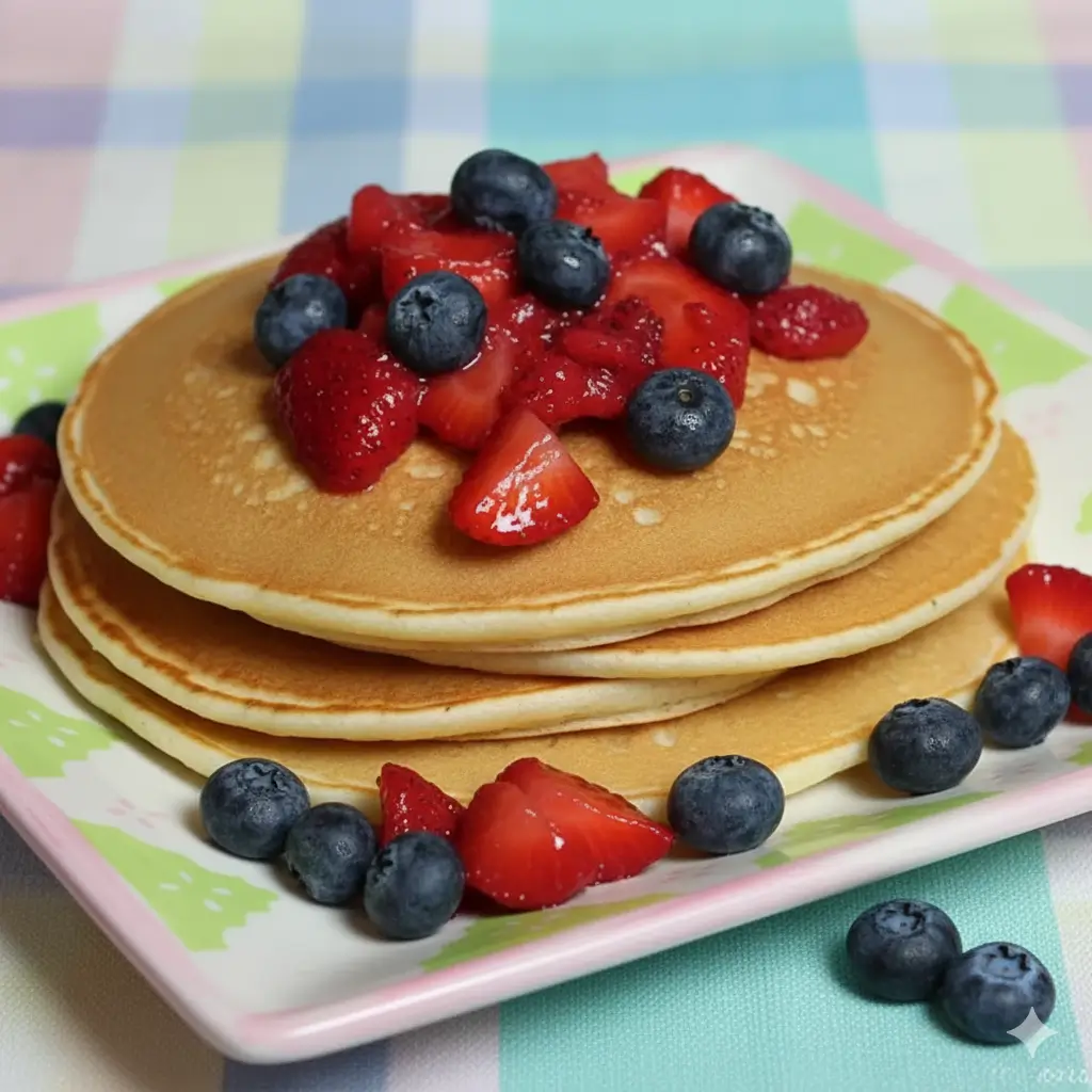 Stack of gluten-free protein pancakes topped with fresh berries and a dusting of powdered sugar.