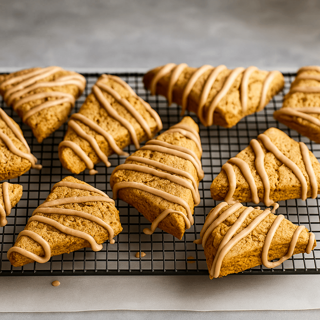 Gluten-free pumpkin scones on a cooling rack with a pumpkin-spice glaze drizzle.