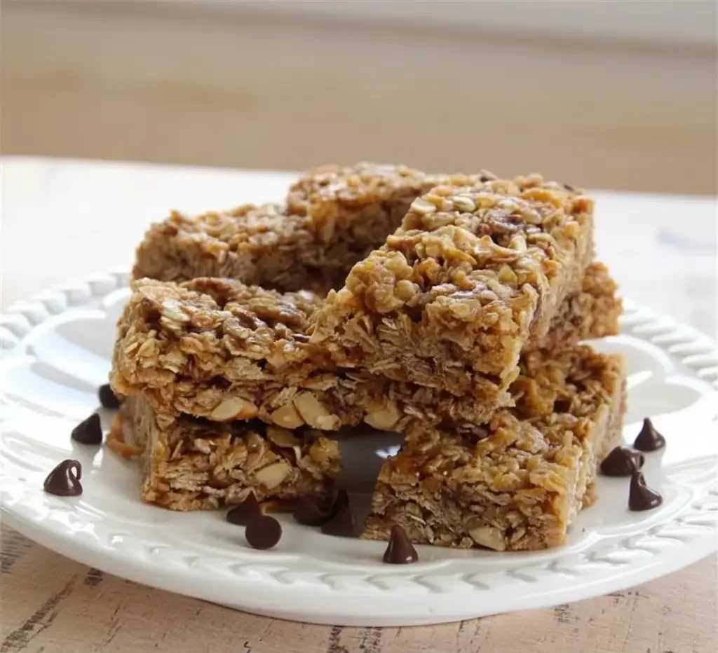 Homemade granola bars with oats, coconut and peanut butter cut into bars on parchment.