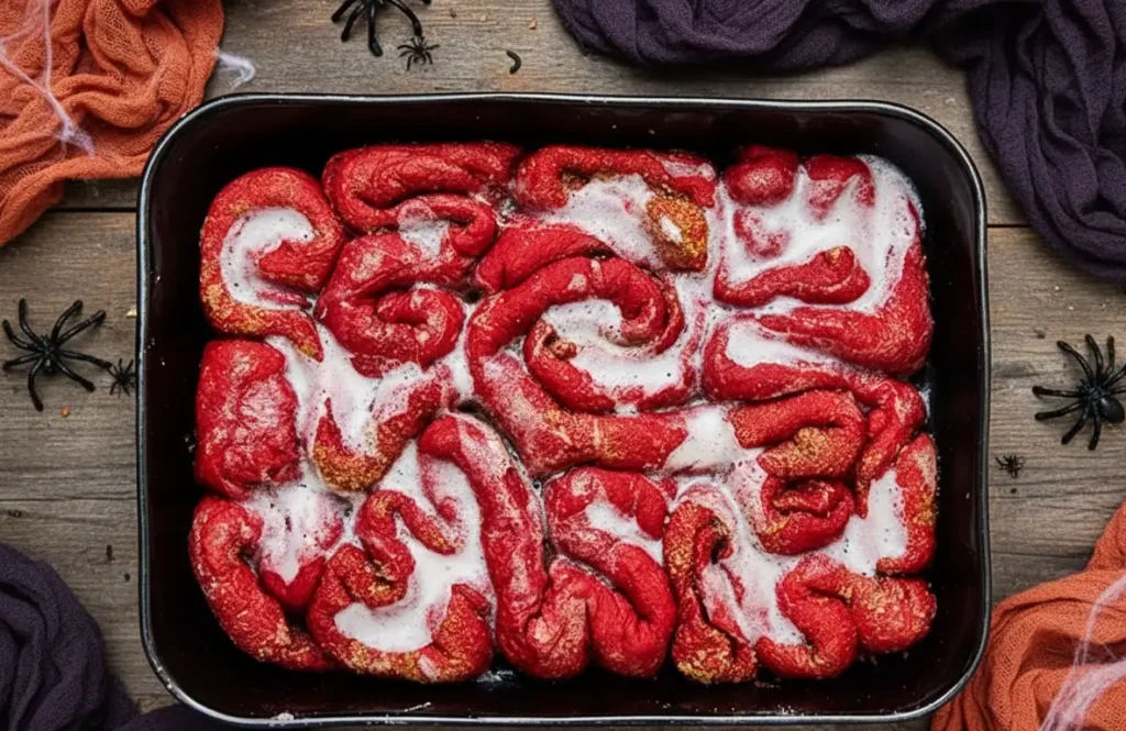 Red velvet Halloween cinnamon rolls shaped like zombie guts and drizzled with sweet white glaze.