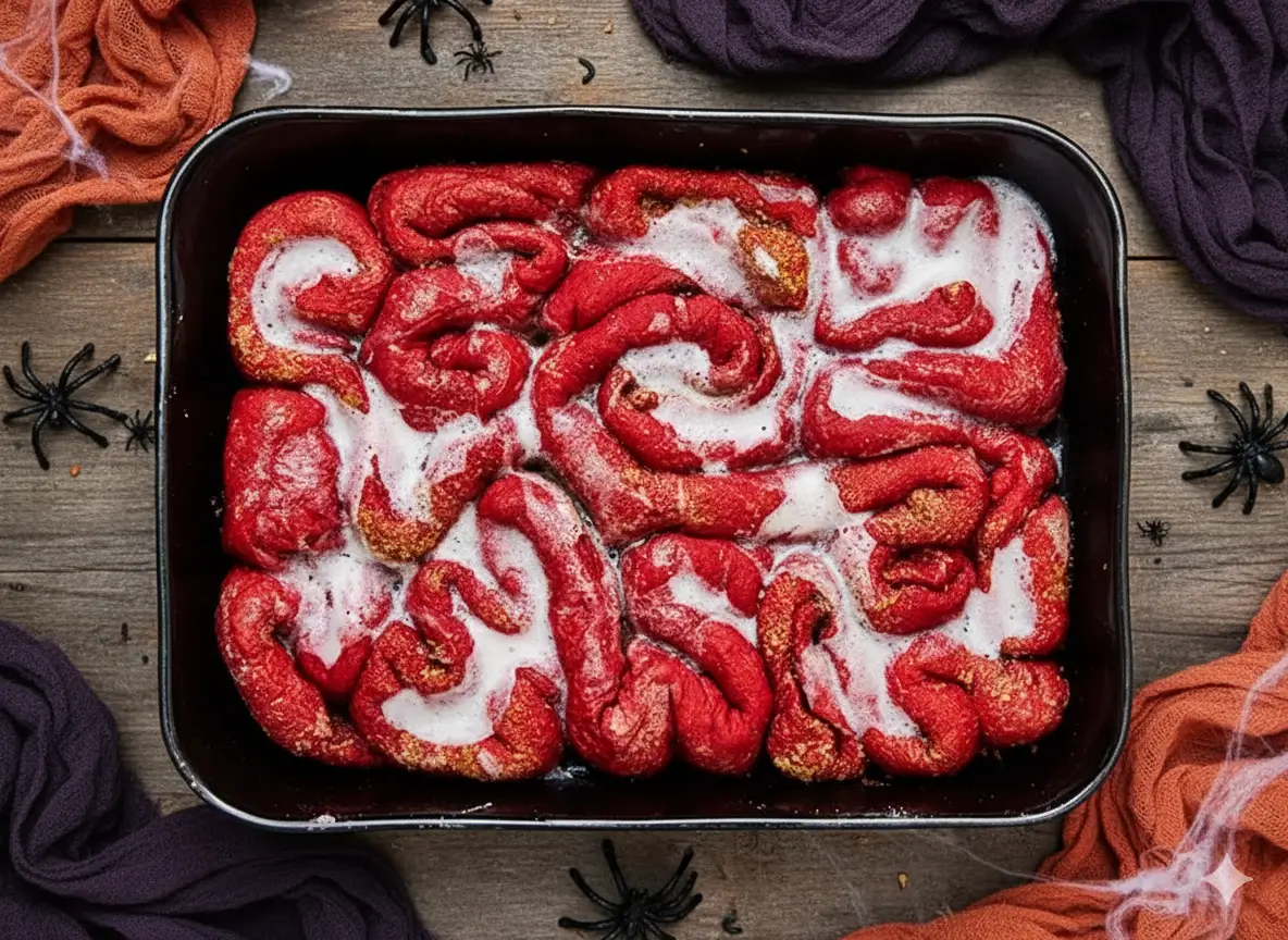 Red velvet Halloween cinnamon rolls shaped like zombie guts and drizzled with sweet white glaze.