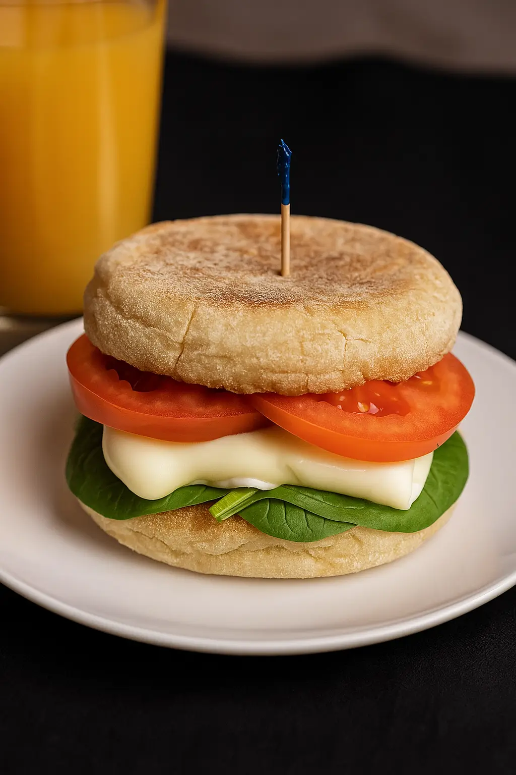 Healthy breakfast sandwich with egg whites, spinach and tomato on a whole wheat English muffin.