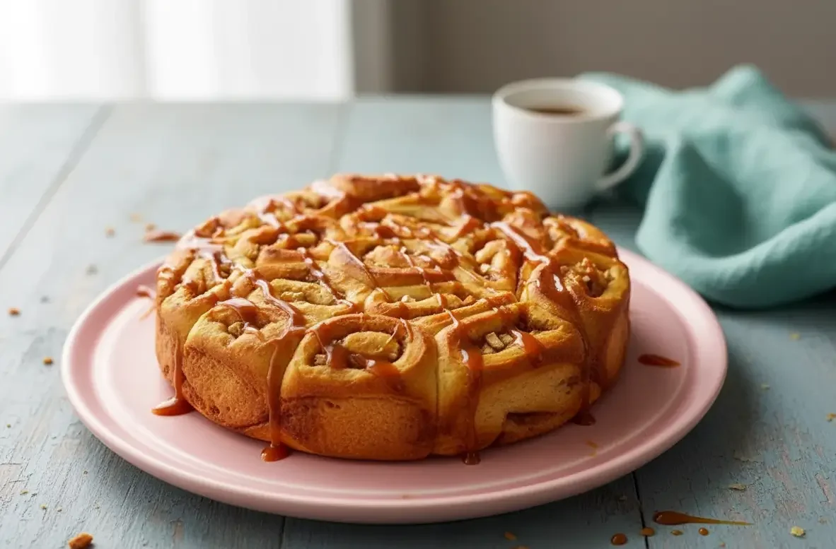 Tray of homemade mini cinnamon rolls with cream-cheese icing, golden-brown and glistening.