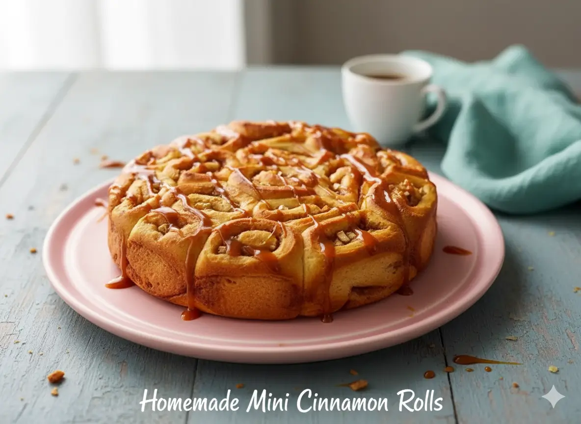 Tray of homemade mini cinnamon rolls with cream-cheese icing, golden-brown and glistening.
