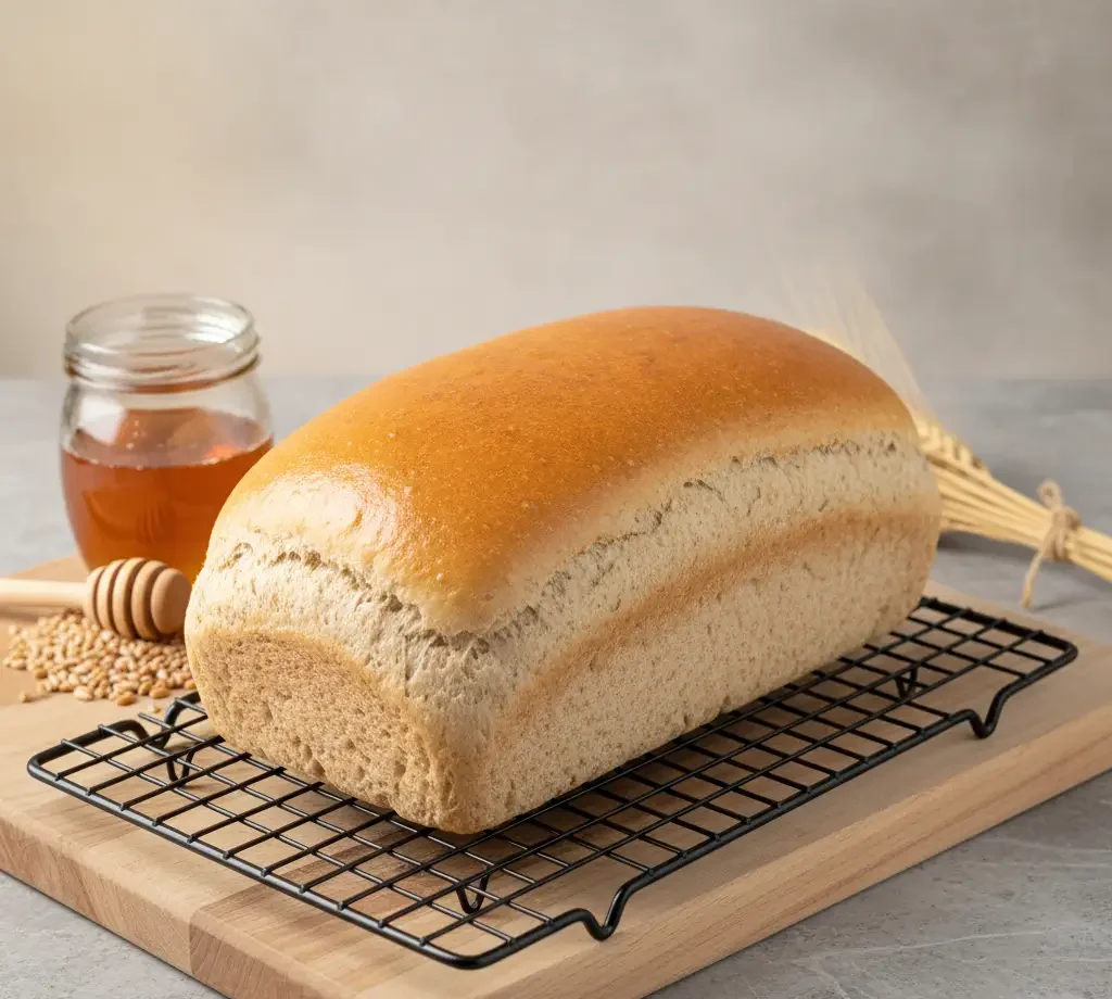 Loaf of honey whole wheat bread sliced on a wooden board.