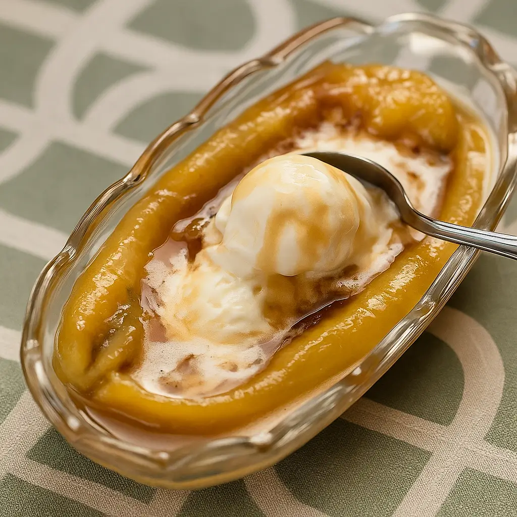 Warm bananas glazed in brown sugar syrup served with vanilla ice cream.