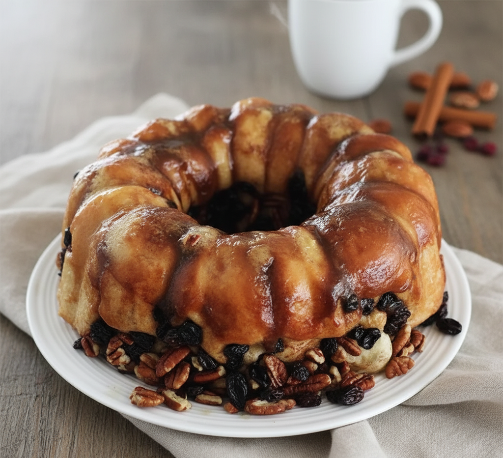 Honey-glazed Bundt pan cinnamon buns baked from frozen rolls with caramelized brown sugar topping.