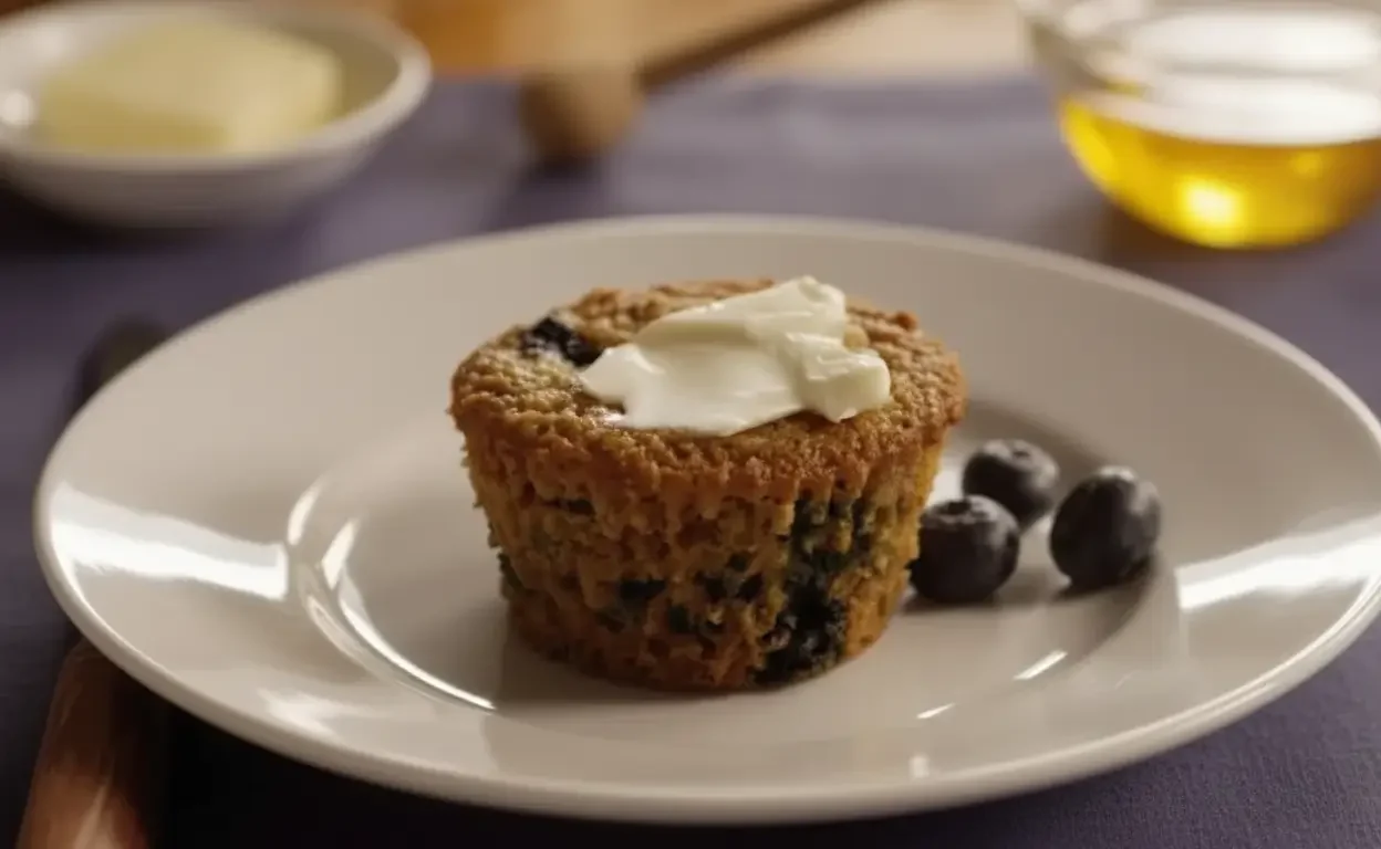 Low-fat blueberry bran muffins on a cooling rack with fresh blueberries scattered around.