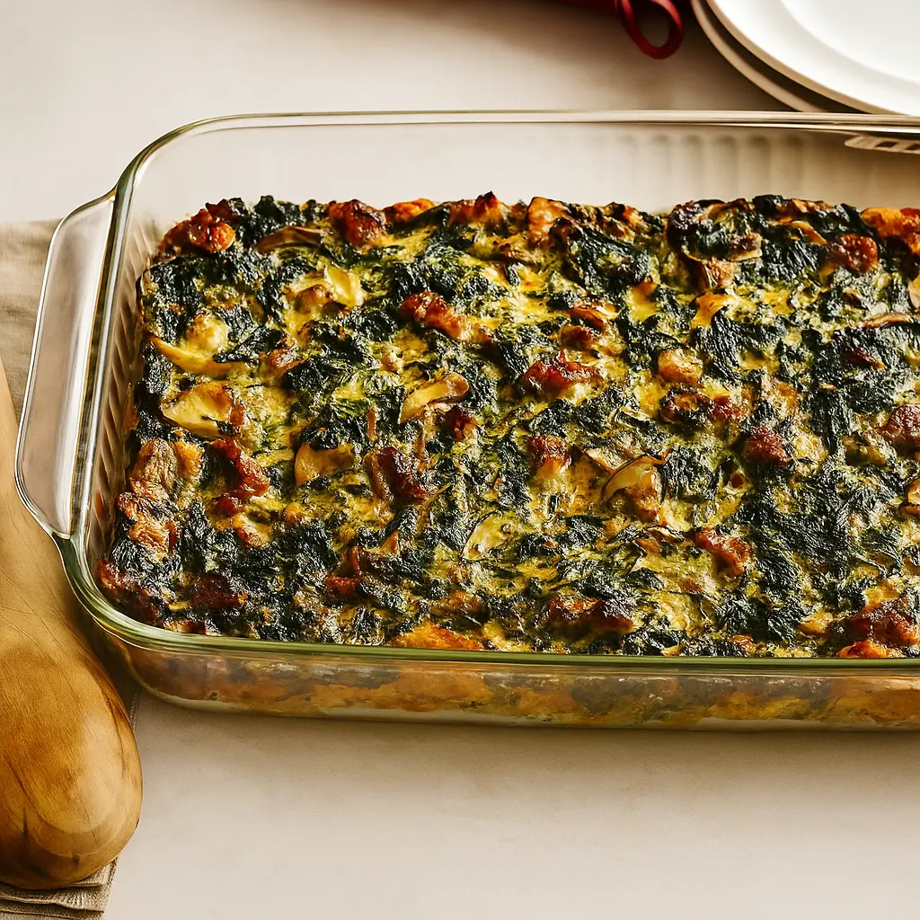 Make-ahead breakfast casserole with melted cheese, turkey sausage and spinach in a baking dish.