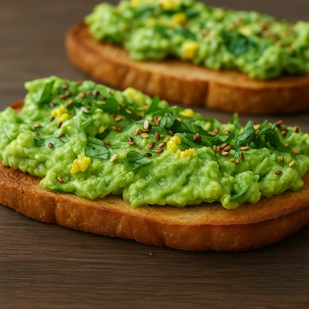 Meyer lemon avocado toast on whole grain bread topped with cilantro and chia seeds.