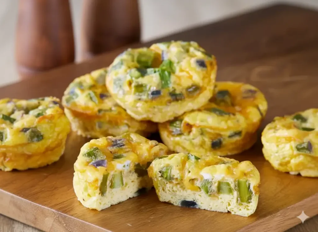 Twelve golden mini muffin pan frittatas garnished with chives on a cooling rack.