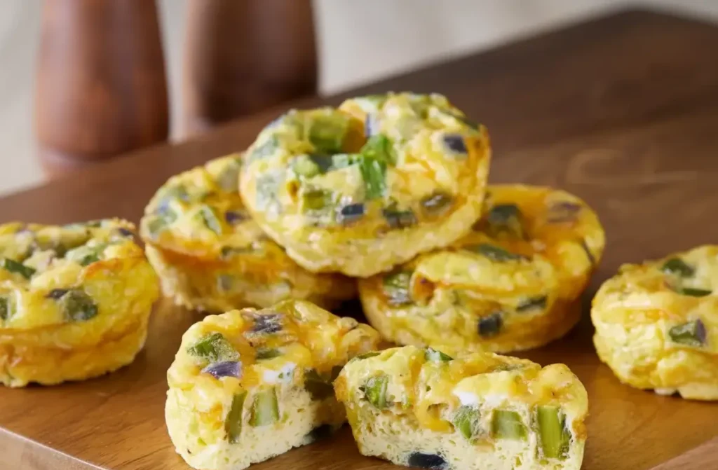 Twelve golden mini muffin pan frittatas garnished with chives on a cooling rack.
