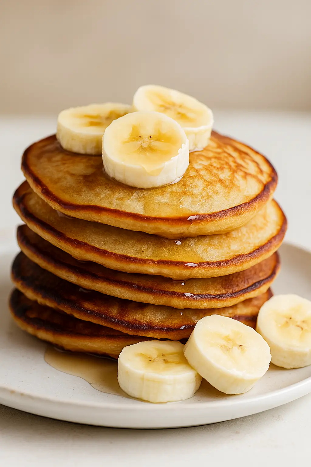 Two golden no-milk no-wheat banana pancakes stacked on a plate with syrup.