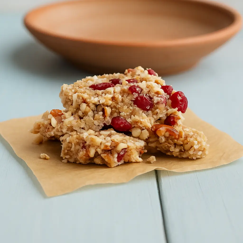 Oat-free and gluten-free granola bars with almonds, sunflower seeds and apricots on a cutting board.