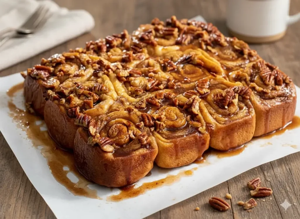 Sticky ooey-gooey cinnamon buns topped with pecans and caramelized glaze.