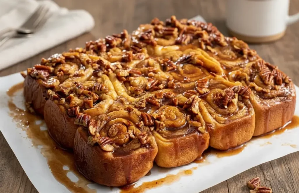 Sticky ooey-gooey cinnamon buns topped with pecans and caramelized glaze.