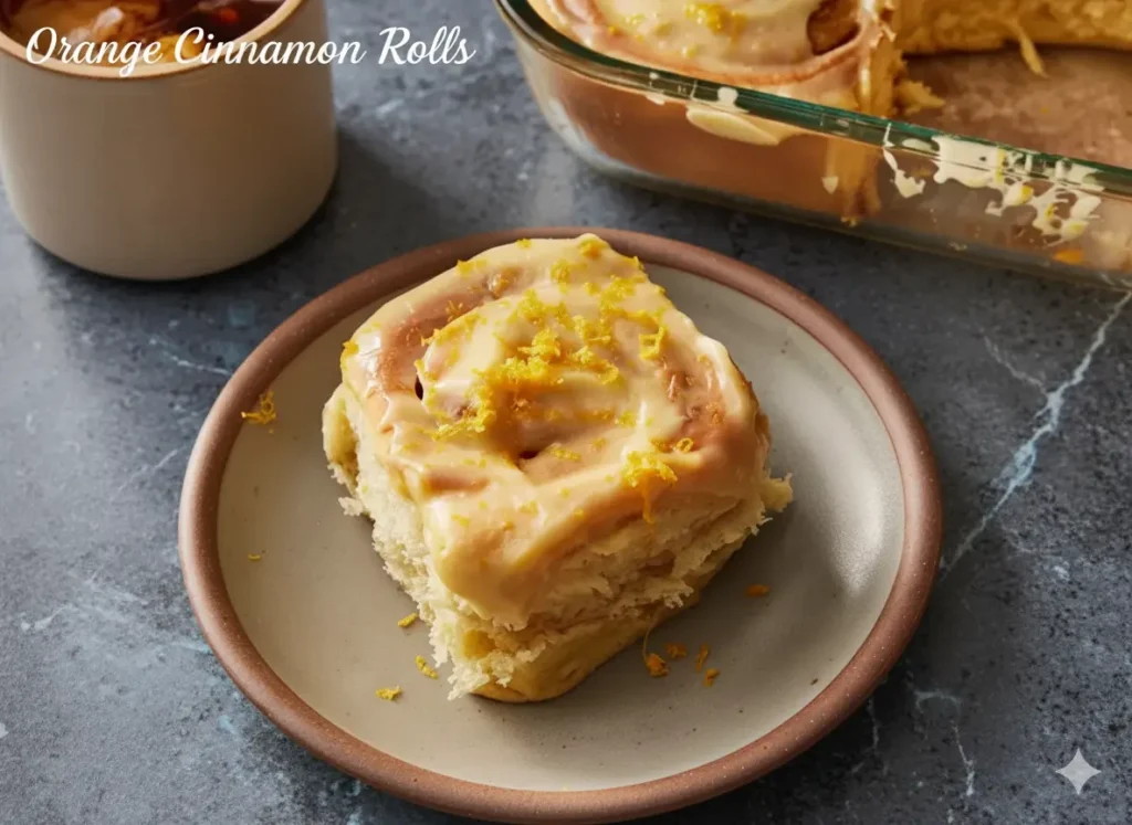 Freshly baked orange cinnamon rolls glazed with orange cream-cheese frosting; golden and steaming.