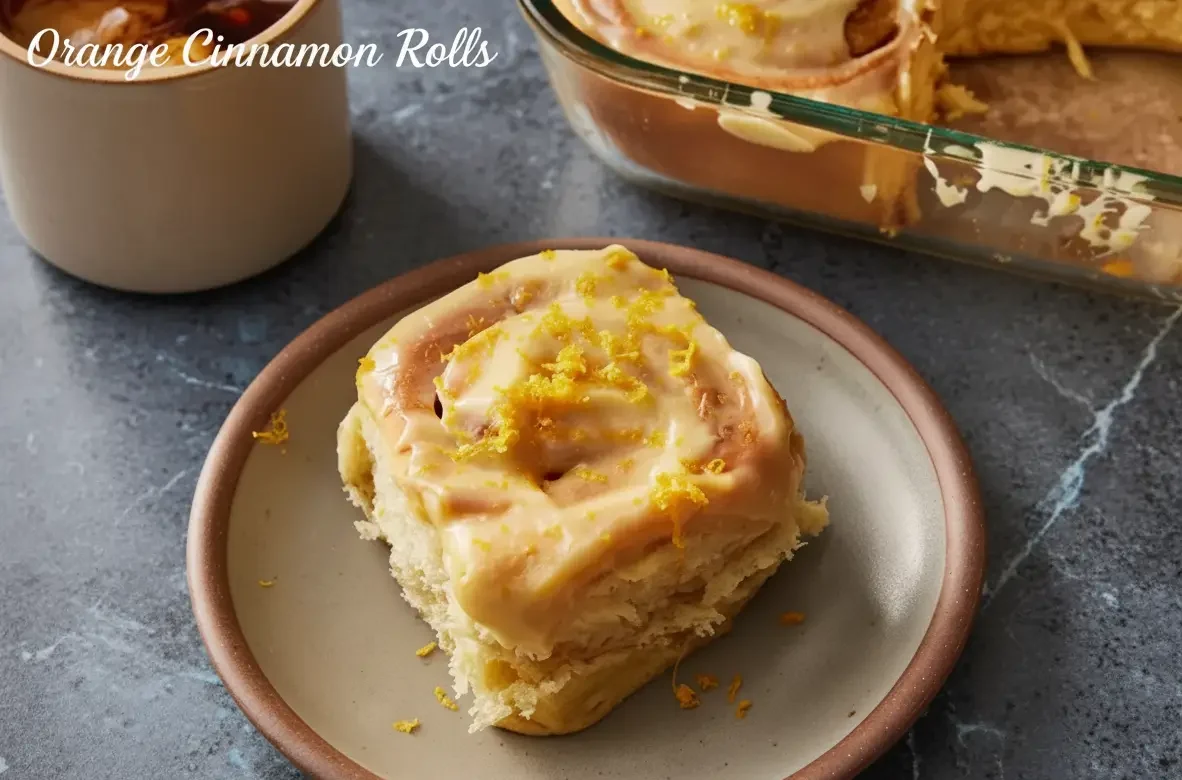 Freshly baked orange cinnamon rolls glazed with orange cream-cheese frosting; golden and steaming.
