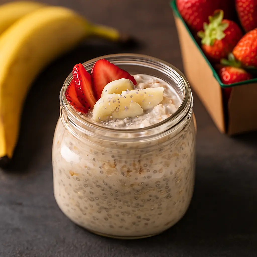Glass jar of overnight chia oats with sliced banana and almond milk.