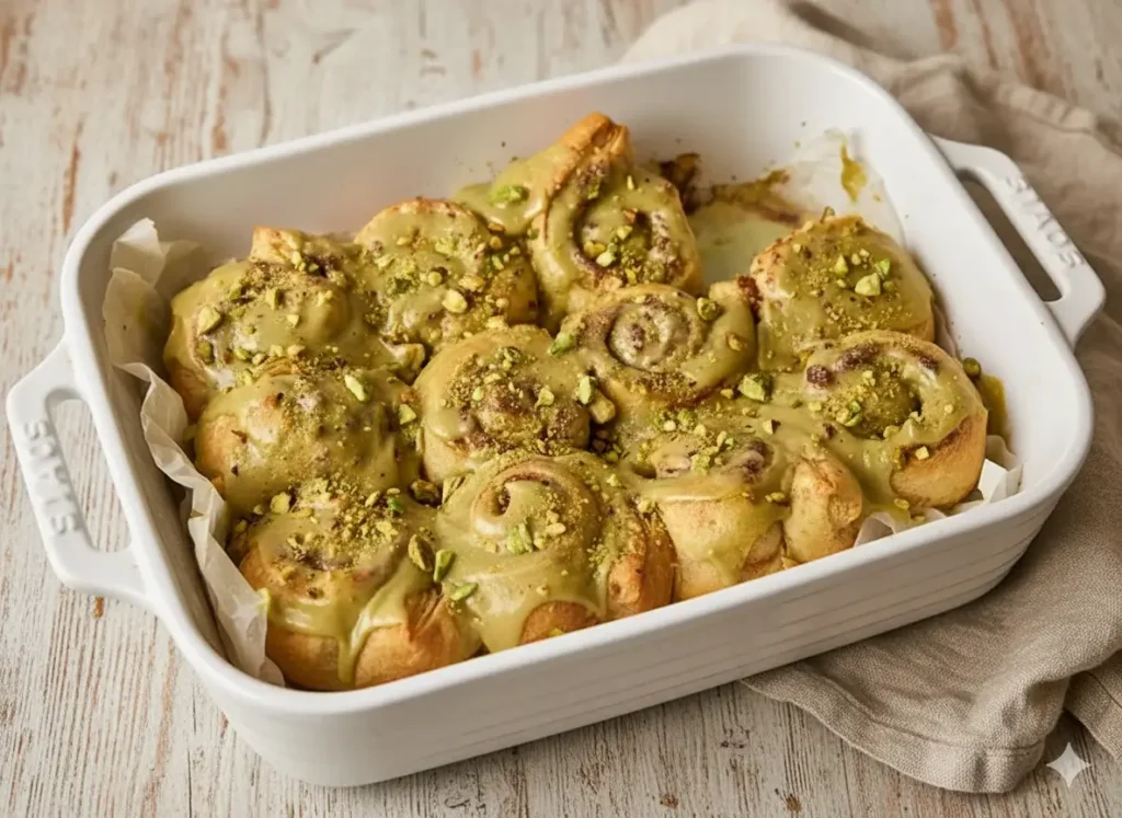 Pistachio cream cinnamon rolls glazed with mascarpone pistachio icing, garnished with chopped pistachios.