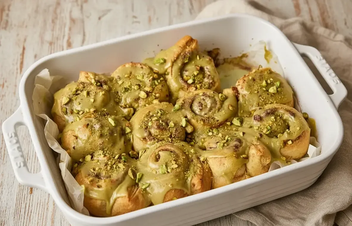 Pistachio cream cinnamon rolls glazed with mascarpone pistachio icing, garnished with chopped pistachios.