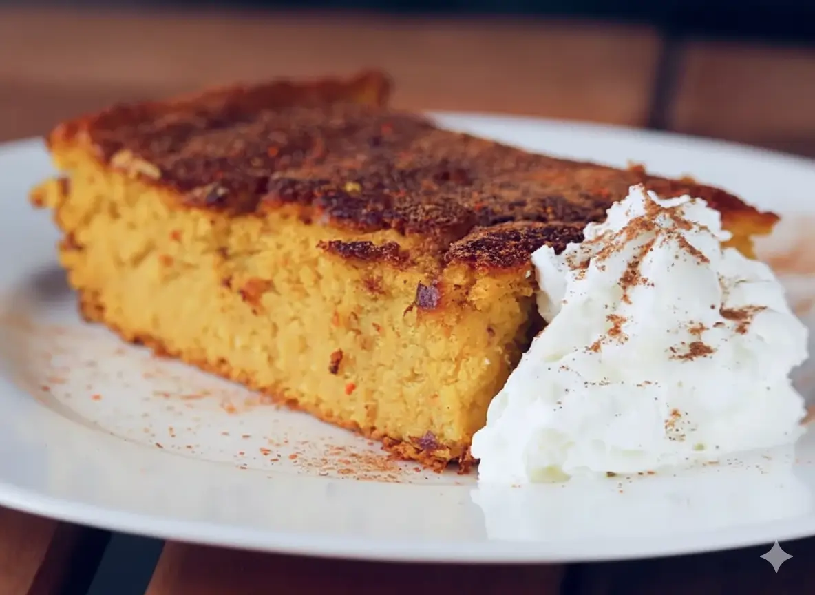 Pumpkin soufflé casserole in a square baking dish dusted with cinnamon.