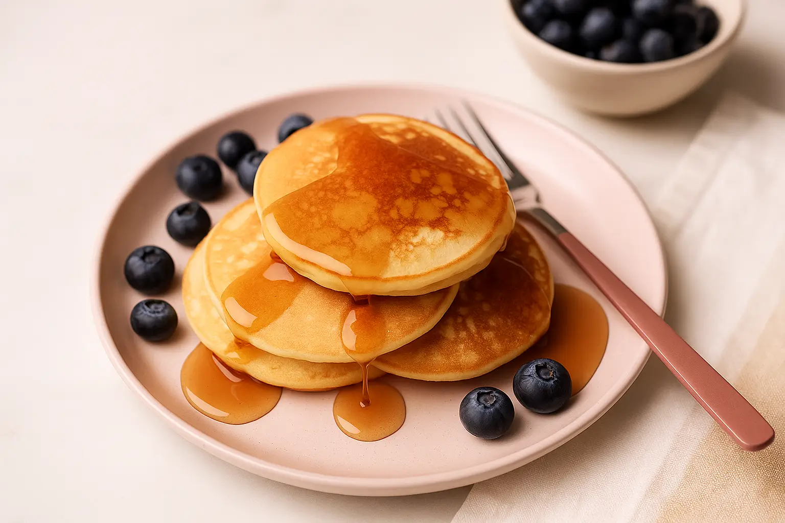 Stack of golden almond flour pancakes topped with fresh berries and maple syrup.