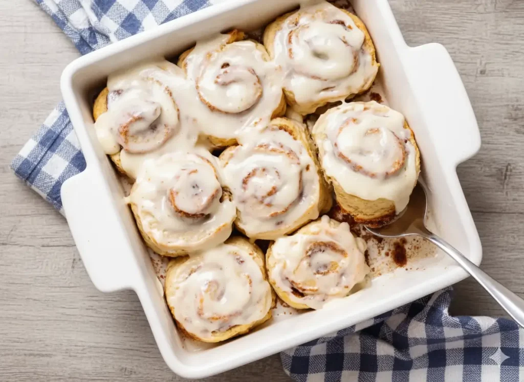 Quick no-yeast cinnamon rolls on a plate, topped with cream-cheese frosting.