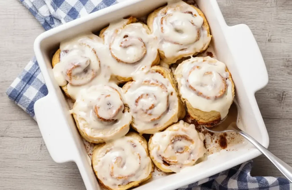 Quick no-yeast cinnamon rolls on a plate, topped with cream-cheese frosting.