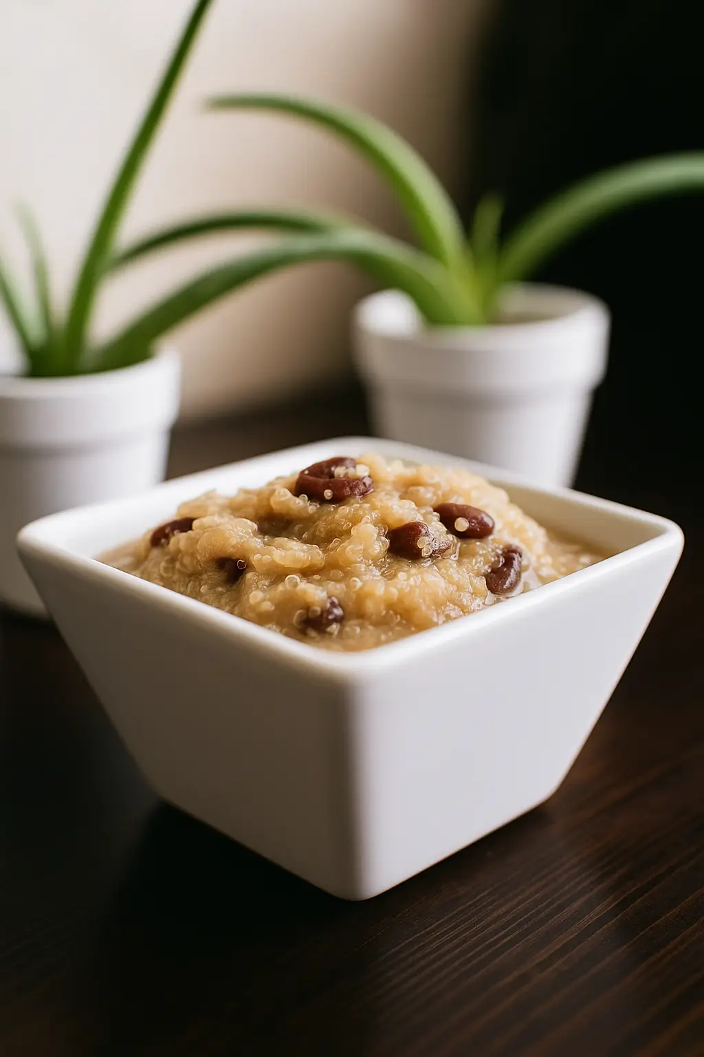Warm quinoa breakfast pudding with raisins and cinnamon in a bowl.