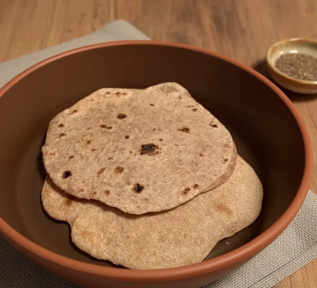 Stack of freshly cooked roti flatbreads on a wooden board with a skillet in background.