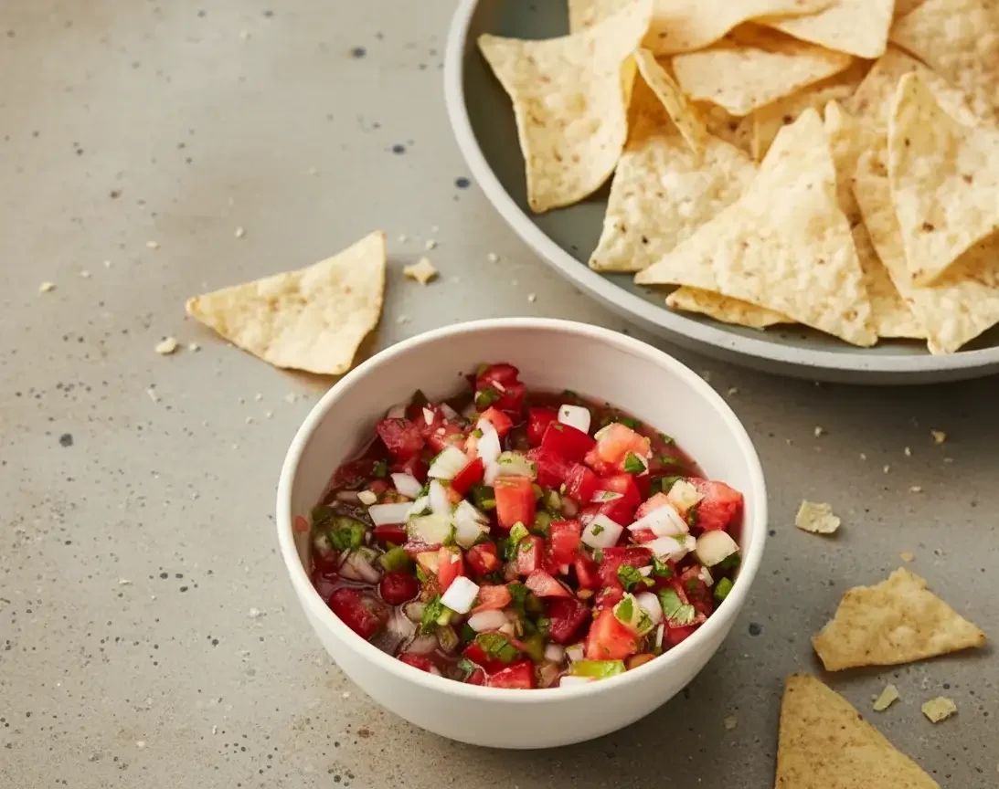 Fresh homemade salsa in a bowl with cilantro and lime wedge on the side.
