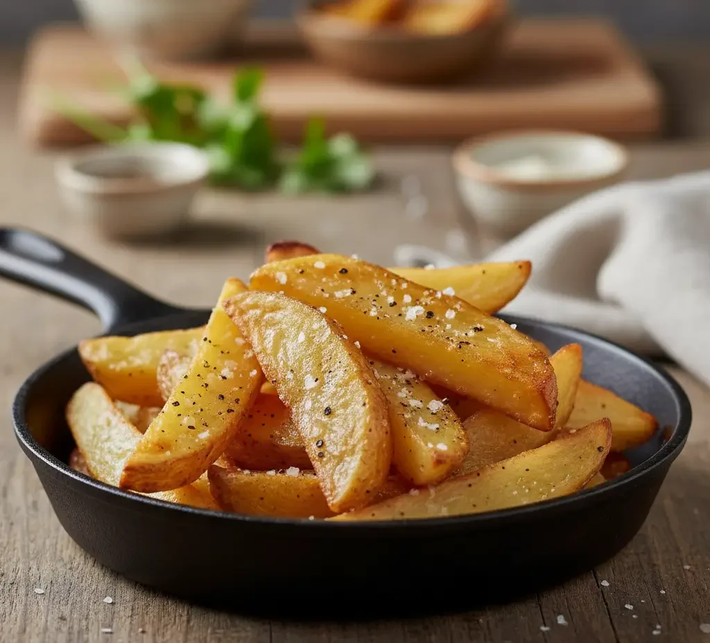 Golden salt and pepper skillet fries in a cast iron pan, sprinkled with cracked black pepper.