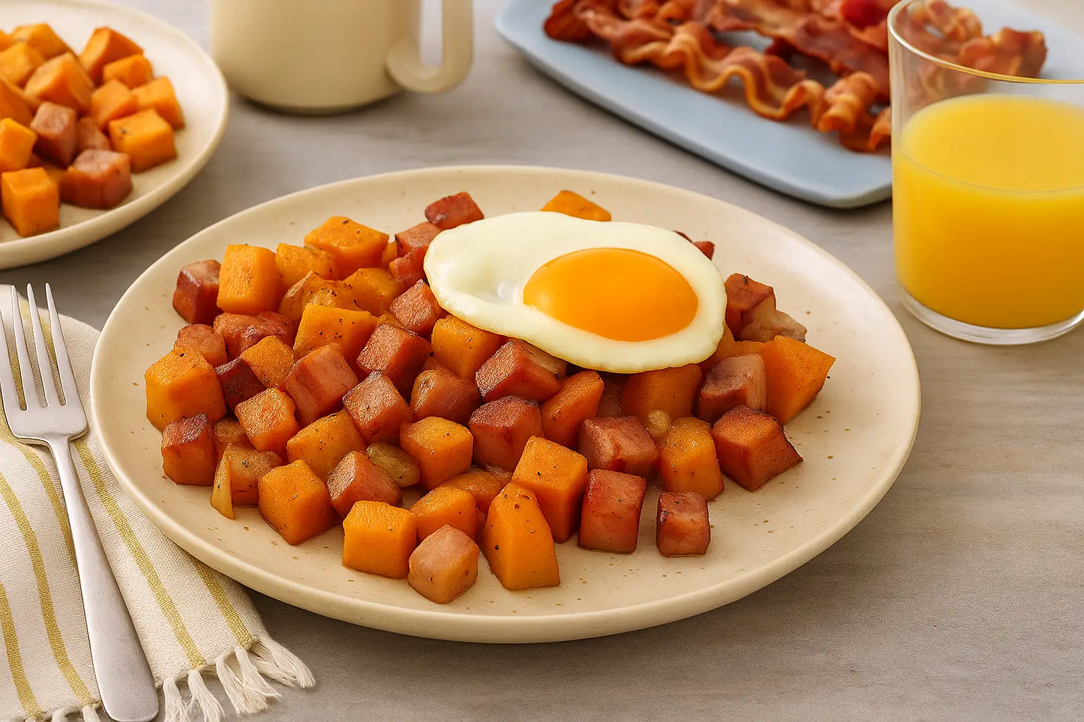 Savory sweet potato hash with diced turkey, caramelized onions and parsley in a cast-iron skillet.