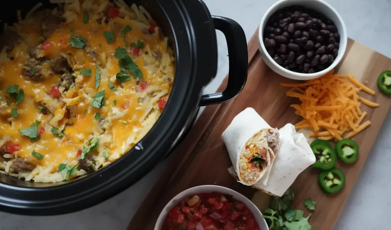 Open breakfast burrito stuffed with cheesy egg, hash brown and turkey sausage filling.