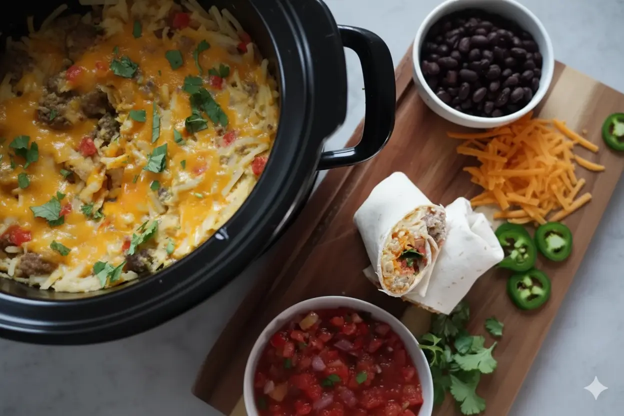 Open breakfast burrito stuffed with cheesy egg, hash brown and turkey sausage filling.