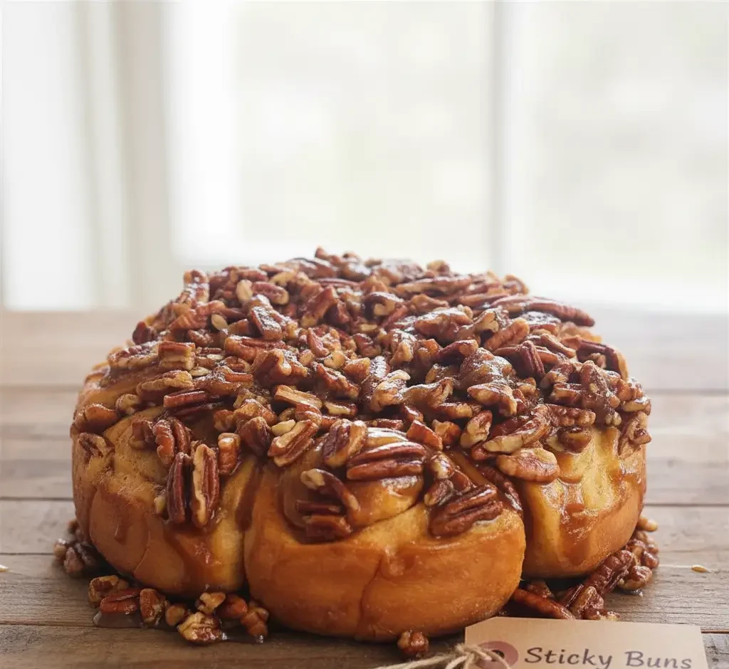 Fresh homemade sticky buns with caramelized pecans and raisins on top.
