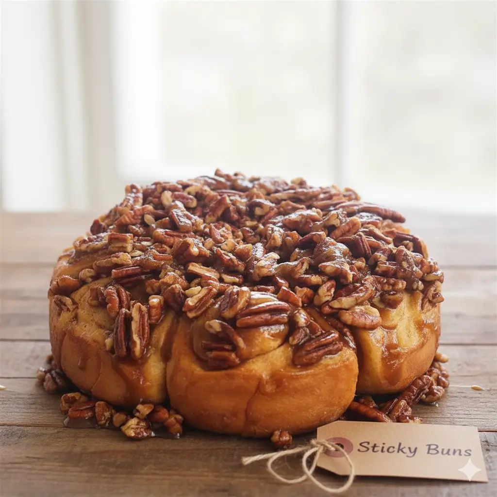 Fresh homemade sticky buns with caramelized pecans and raisins on top.