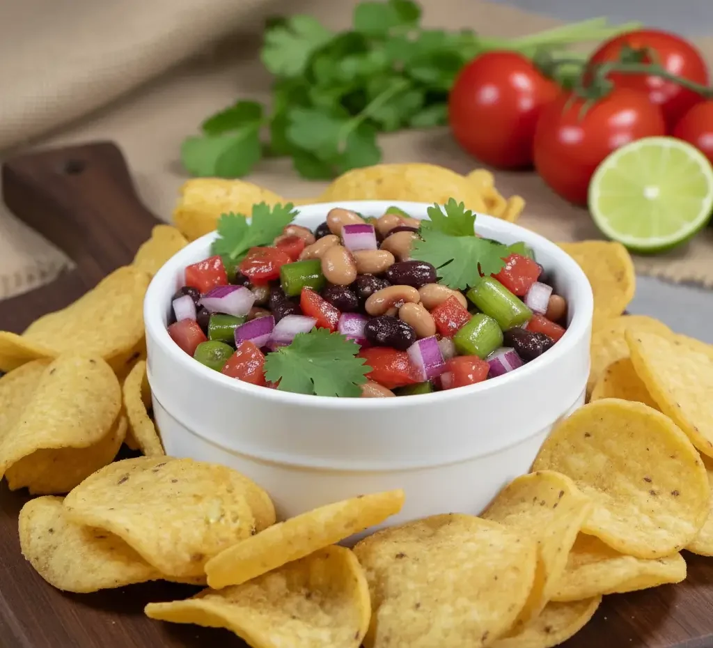 Colorful Texas caviar with black-eyed peas, black beans, tomatoes, jalapeños, and cilantro in a bowl.