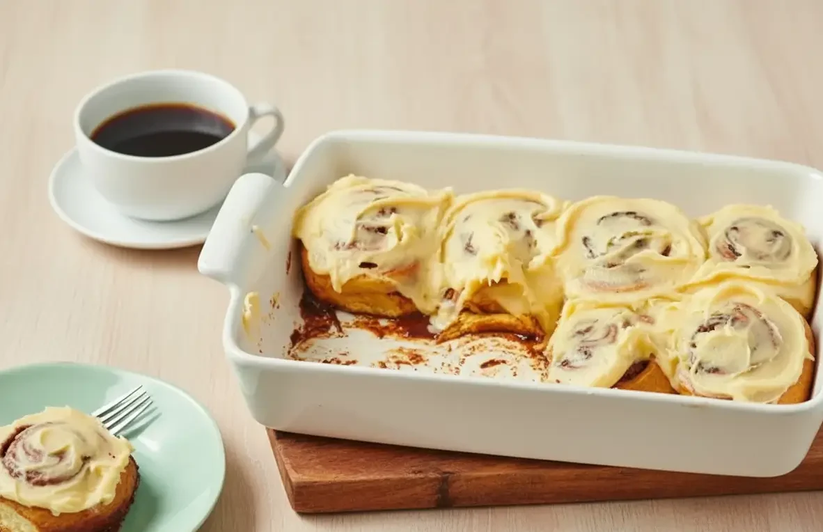 Warm sourdough cinnamon rolls with cream-cheese frosting on a baking pan — gooey, golden, and fresh from the oven.