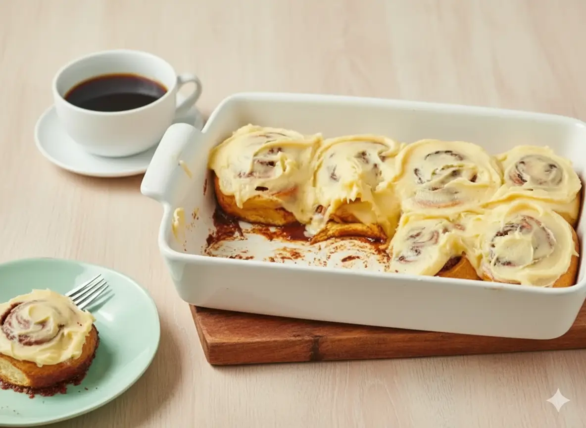 Warm sourdough cinnamon rolls with cream-cheese frosting on a baking pan — gooey, golden, and fresh from the oven.