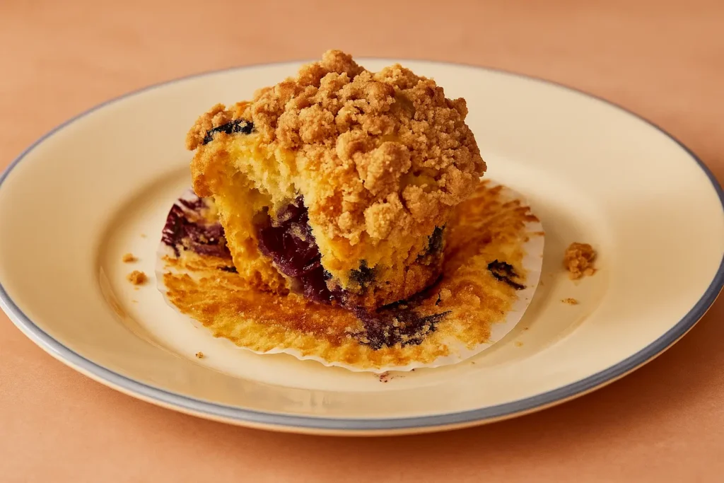 Extra large blueberry muffin with cinnamon crumb topping on a cooling rack.