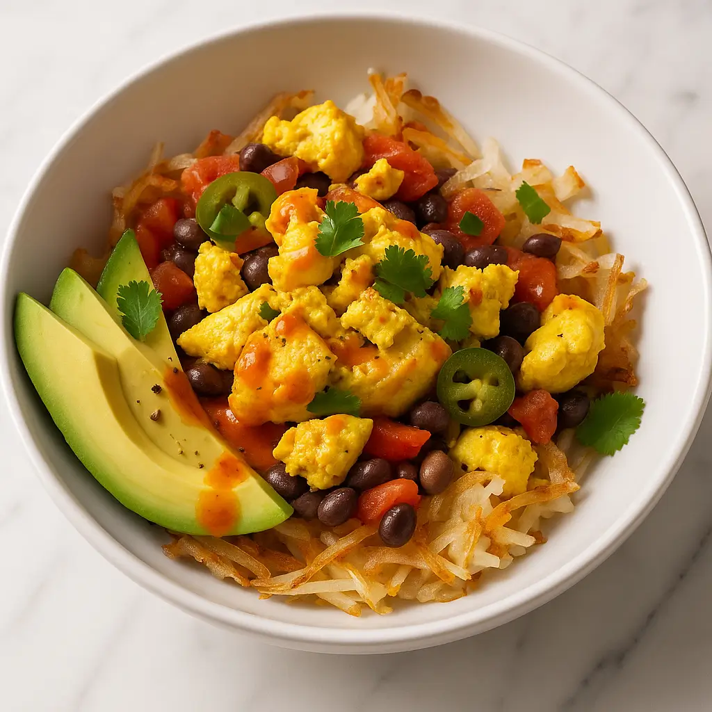 Protein-packed tofu breakfast burrito bowl with crispy tofu, black beans, hash browns and avocado.