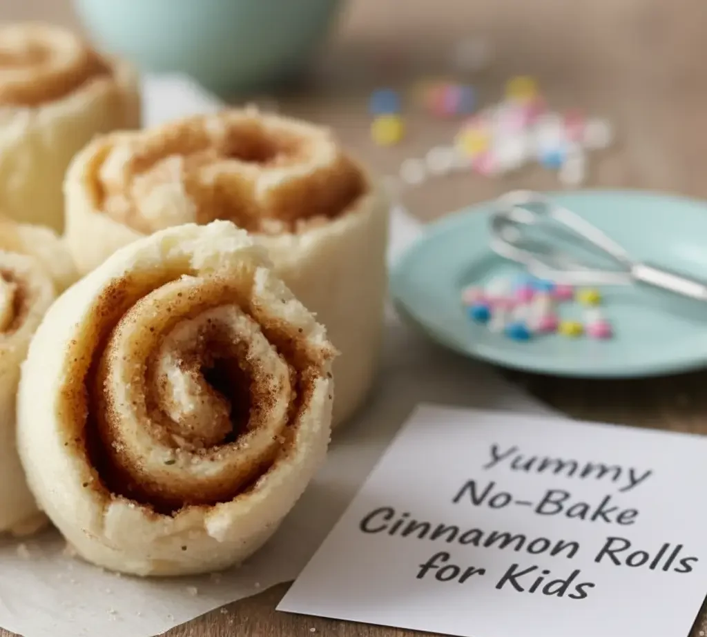 No-bake cinnamon rolls for kids — bread pinwheels drizzled with powdered sugar glaze.
