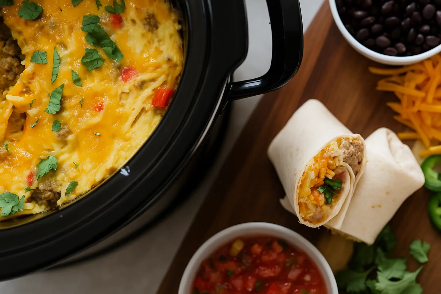 Slow cooker breakfast burrito filling with turkey sausage and melted cheese next to warm tortillas.