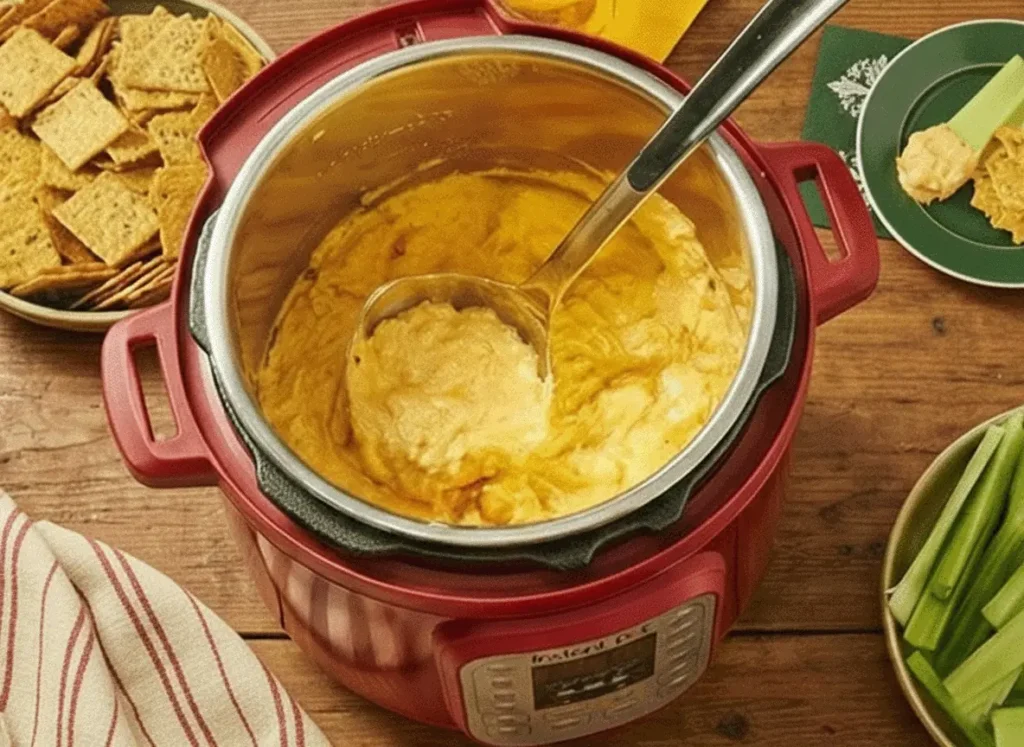 Bowl of Healthier Buffalo Chicken Dip with celery sticks and multigrain crackers