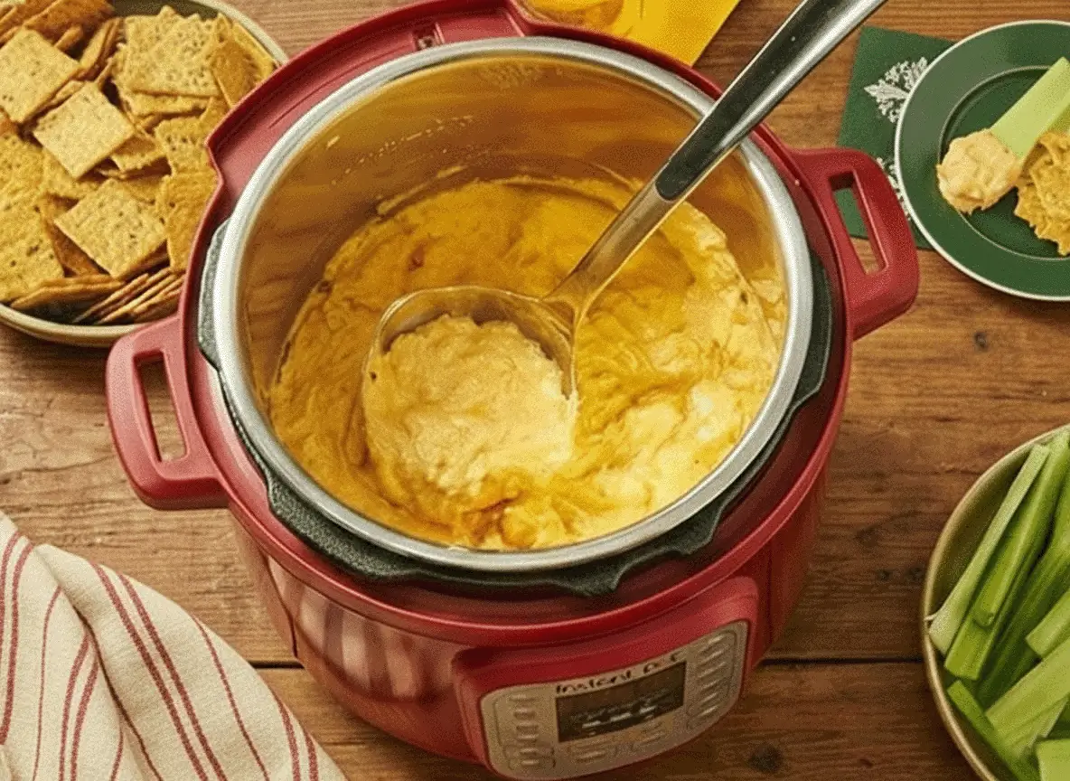 Bowl of Healthier Buffalo Chicken Dip with celery sticks and multigrain crackers