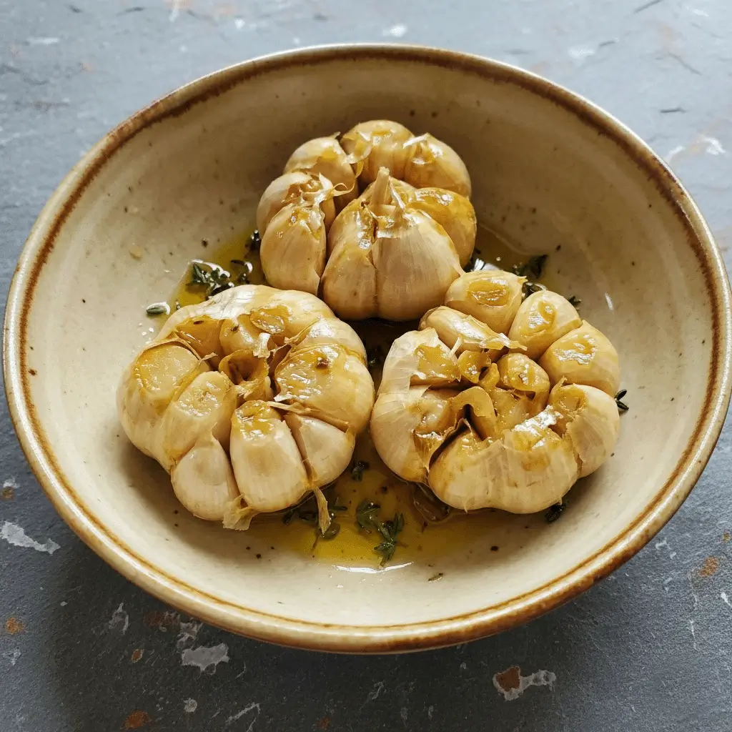 Roasted garlic heads with caramelized cloves on a baking sheet